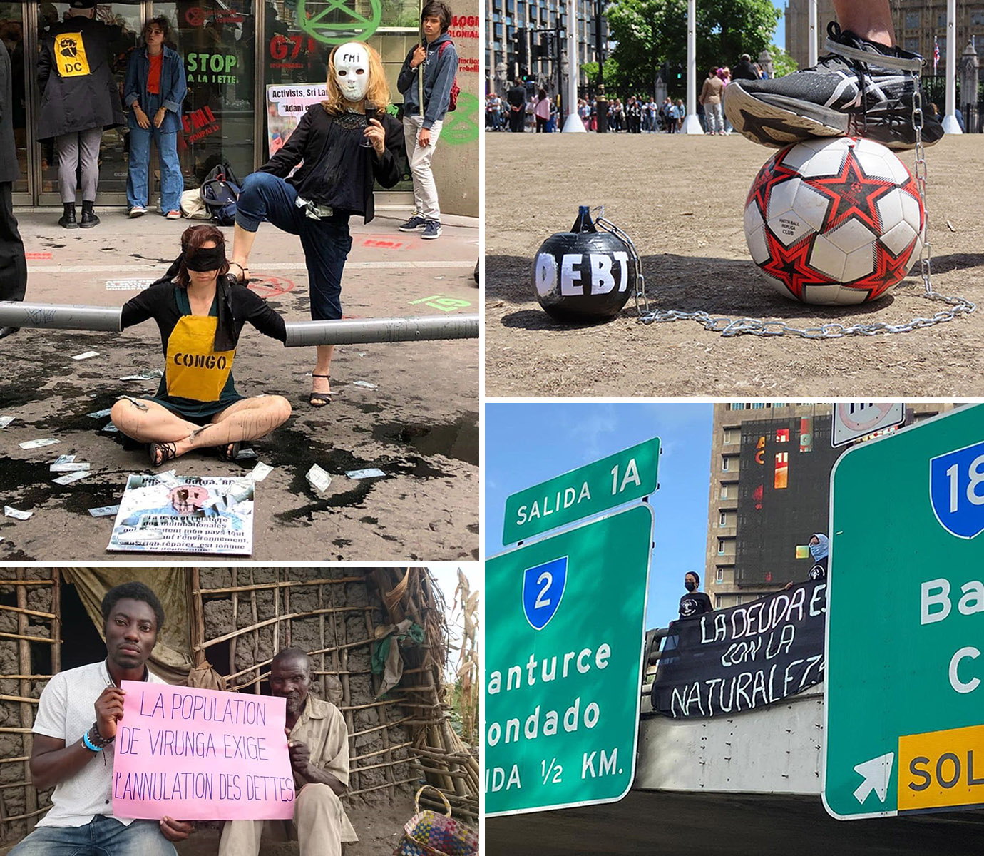 Debt For Climate Action Montage: French activists in masks and blindfolds linked outside the IMF in Paris, a footballer with debt ball and chain in London, activists in Puerto Rico hold a sign above a freeway, an activist and old villager hold a sign to the G7, 
