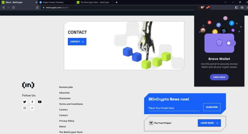Man sieht einen Screenshot von BeInCrypto mit dem Brave Browser aufgerufen und der Brave Wallet im oberen rechten Eck eingeblendet - Ein Bild von BeInCrypto.com.