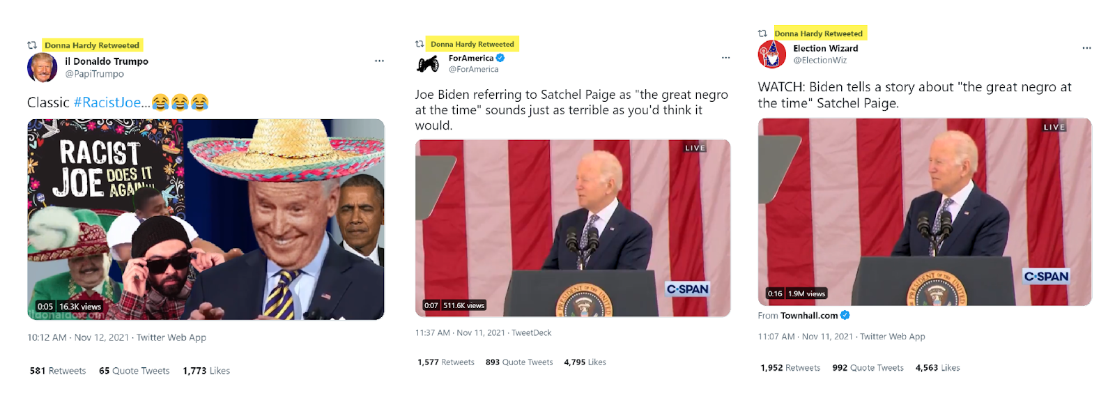 Figure 10. Bot-like account retweeting multiple RacistJoe-themed tweets.