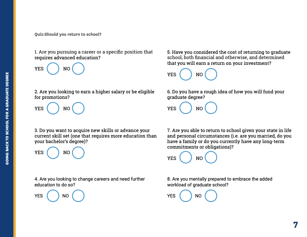 Kent State University’s “Graduate School Decision and Admissions Guide,” includes a fun quiz that gives readers a chance to assess their readiness to pursue a graduate degree. 