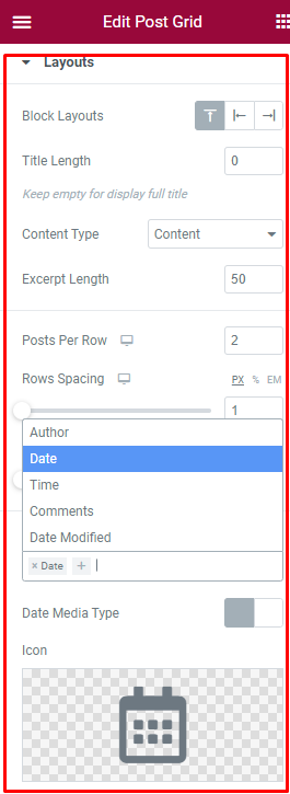 Post Grid layouts settings tab