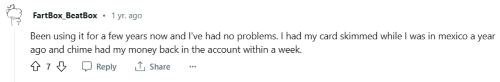 A positive Chime review from a customer who received a refund within a week. 