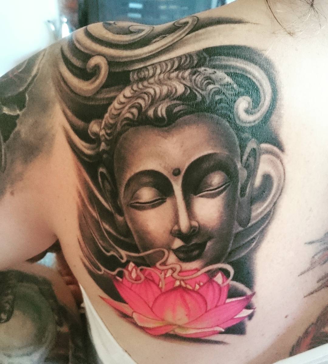 Pink Lotus And Grey Buddha Tattoo
