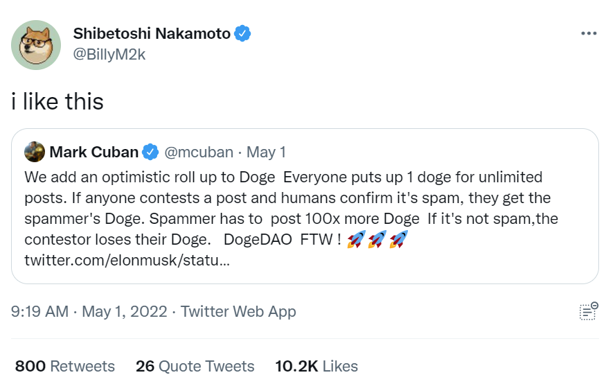 Retweet of Mark Cuban’s post from Dogecoin co-founder Billy Markus