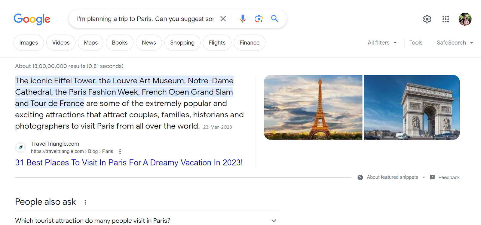 SERP on user query: "I'm planning a trip to Paris. Can you suggest some tourist attractions?"