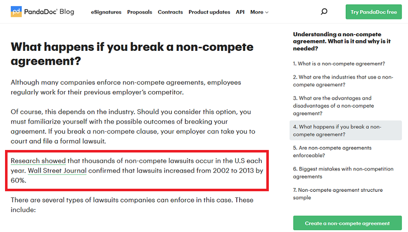 A screenshot of PandaDoc's article demonstrating the need for non-compete agreements