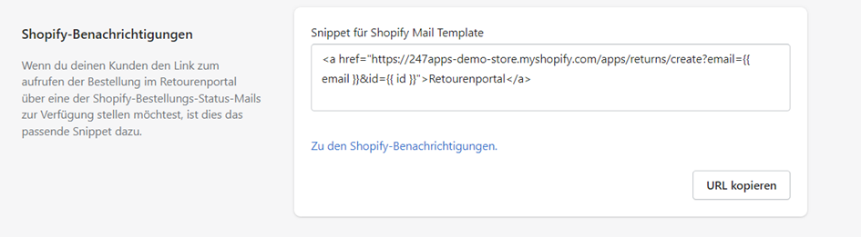 Shopify E-Mail Snippet für das Retourenportal