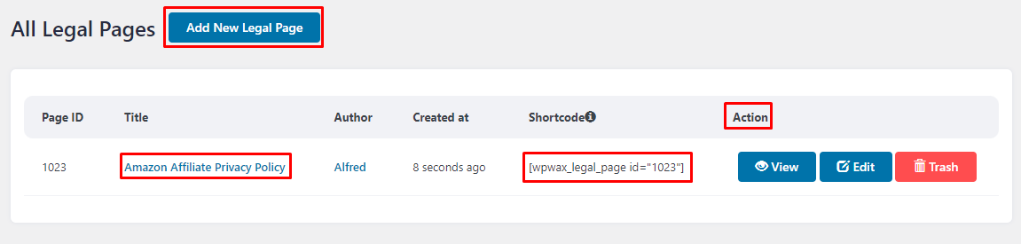 'All legal pages' is used to store your newly created Amazon affiliate privacy policy.