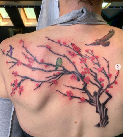 Cherry Blossom And Flying Bird Tattoo