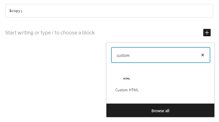 Image of how to add a custom HTML block on your WordPress page