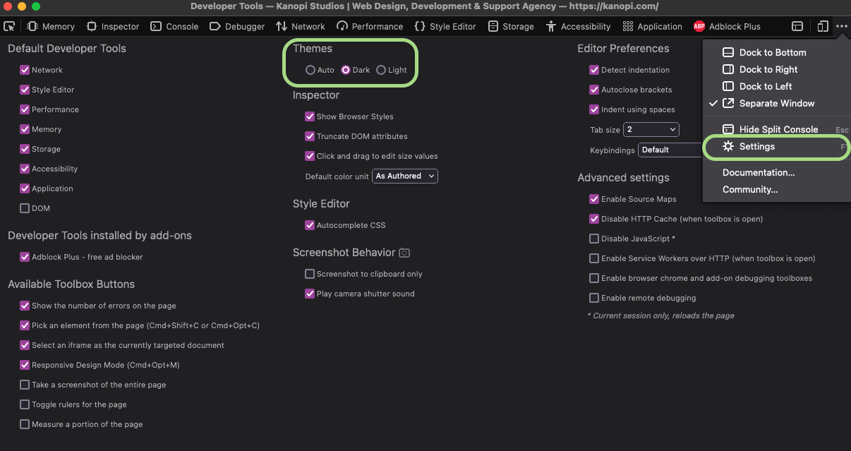 Firefox interface shows how to switch between light and dark modes.