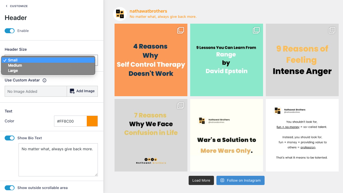 Options to customise header