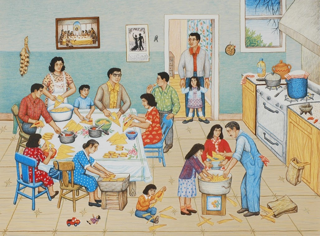 A print showing a family cooking tamales together in the kitchen.