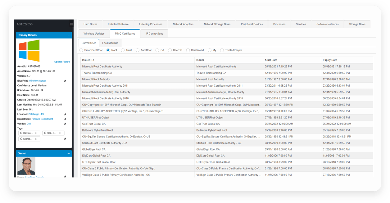 An example of an asset inventory available within Virima’s dashboard