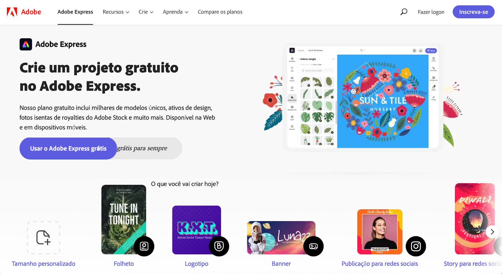 página inicial do adobe express