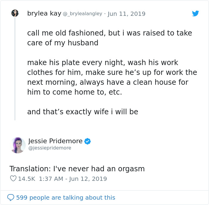 Jessie Pridemore twitter response to Brylea Kay about taking care of her husband