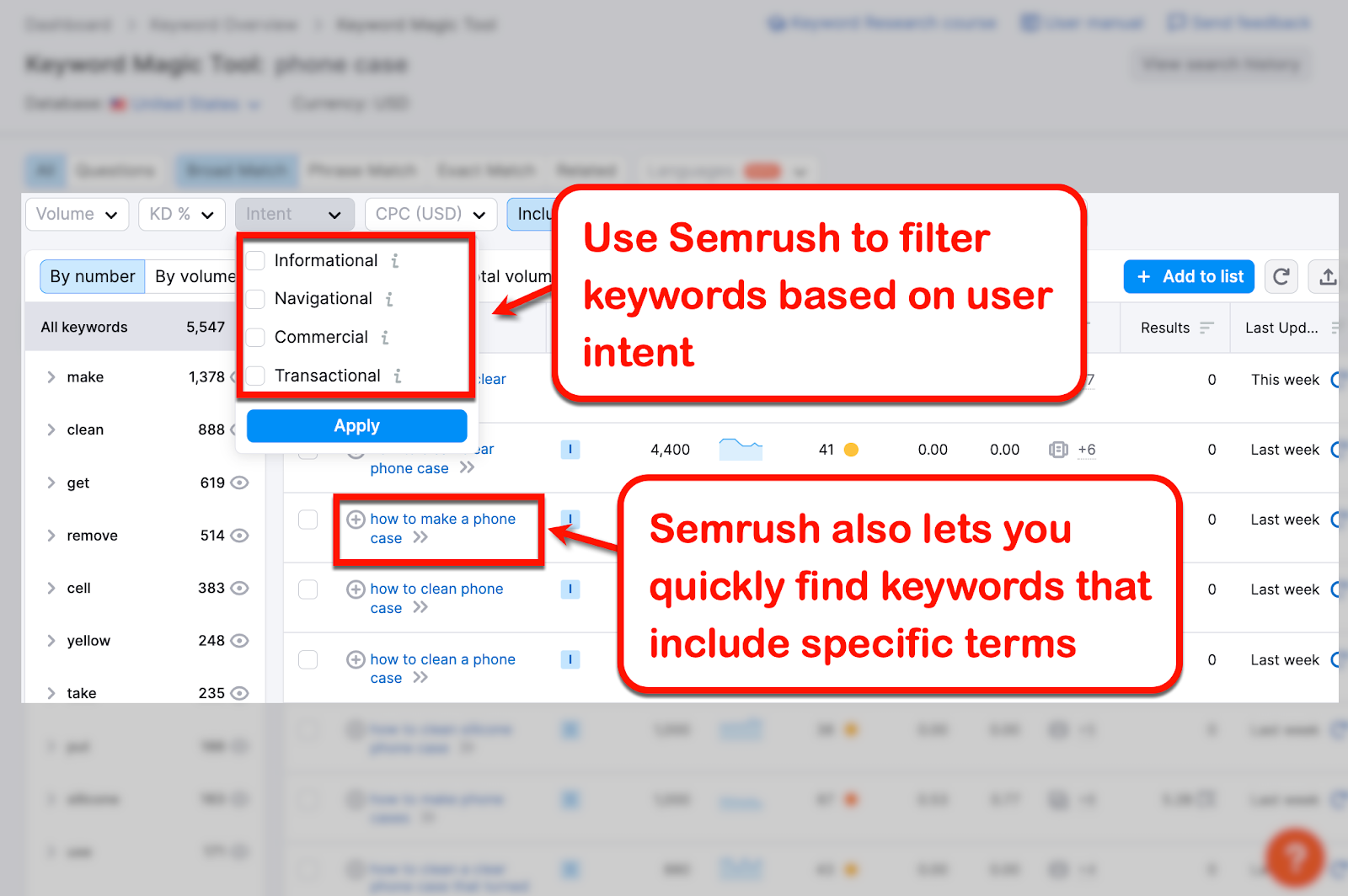 Keyword Magic Tool with filters for search intent
