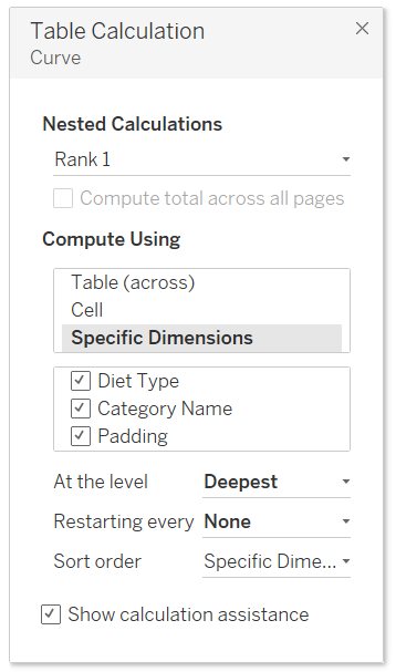 Table Calculation per il campo Rank 1, punto di inizio del Sankey