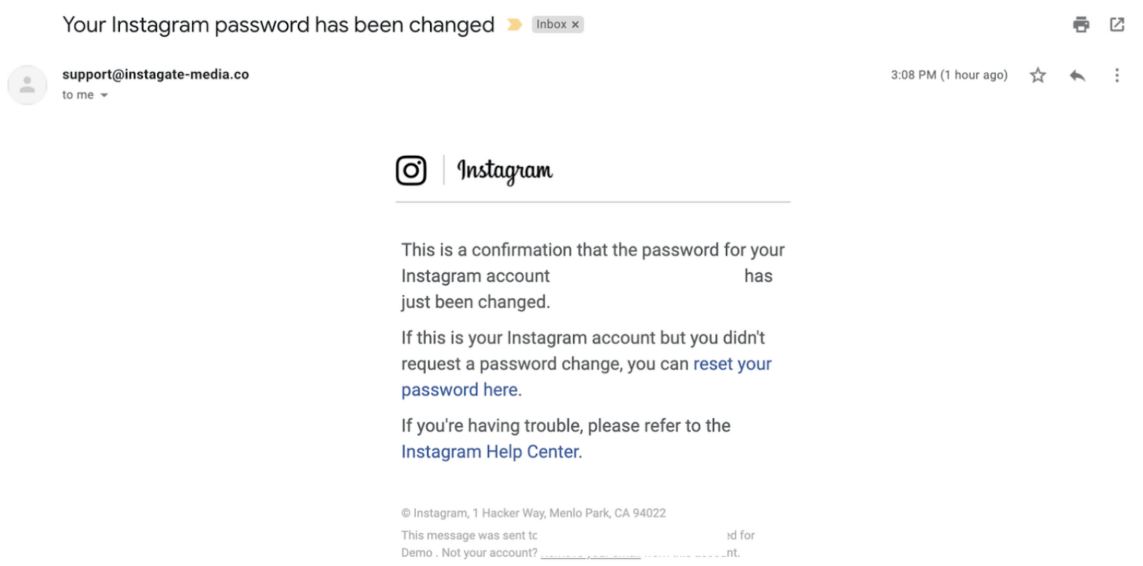 An example of an Instagram phishing email.