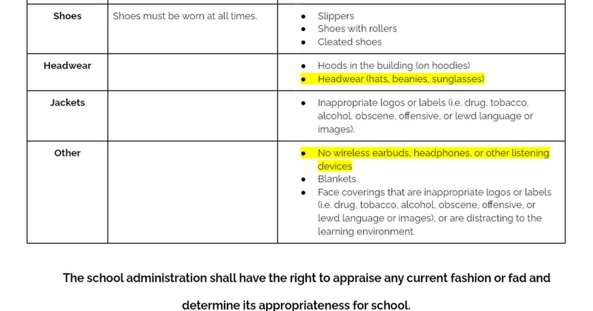 Bulleted Dress Code 2020-21  One Pager
