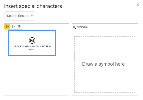 searching for Circled M symbols text in special characters in google docs
