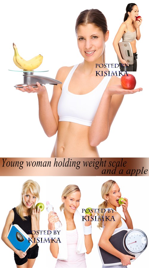 Stock Photo: Young woman holding weight scale and a apple Stock Photo: Young woman holding weight scale and a apple