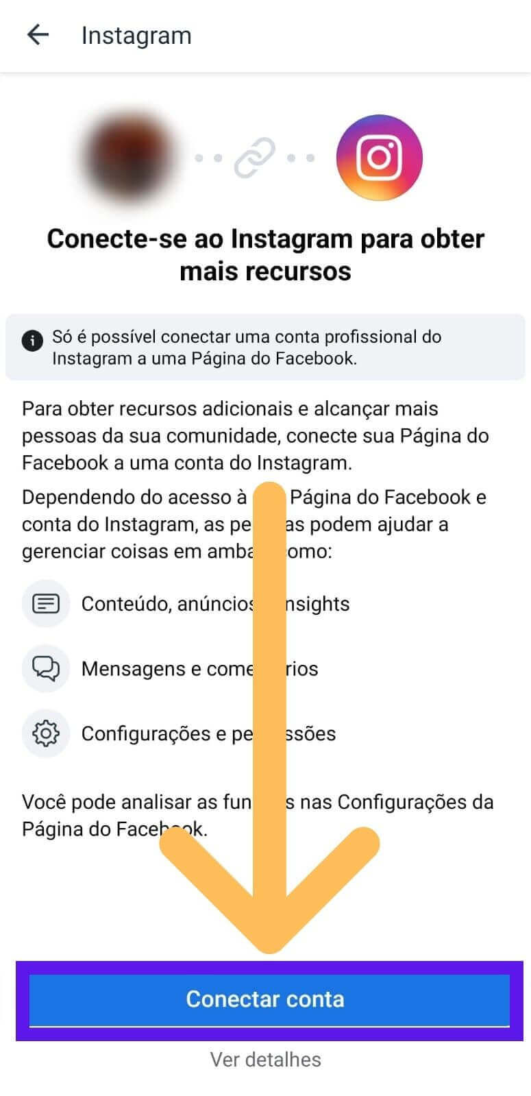 tela mostrando a conexão entre facebook e instagram