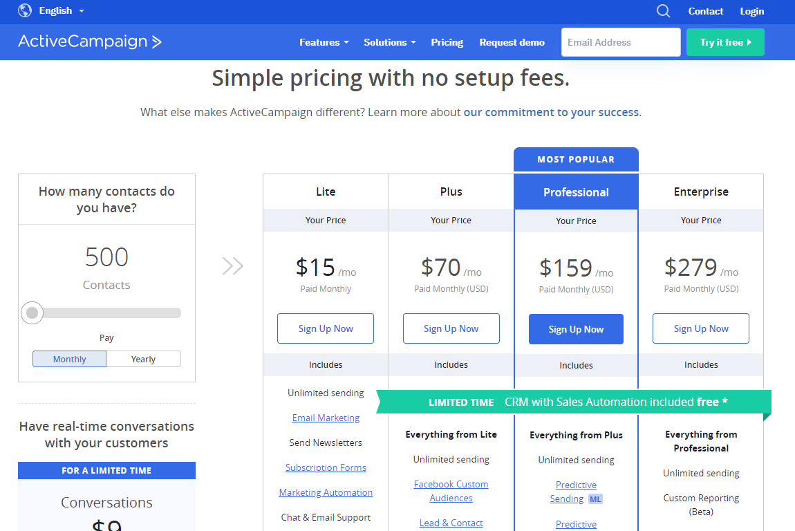 a screenshot of the pricing page on activecampaign website