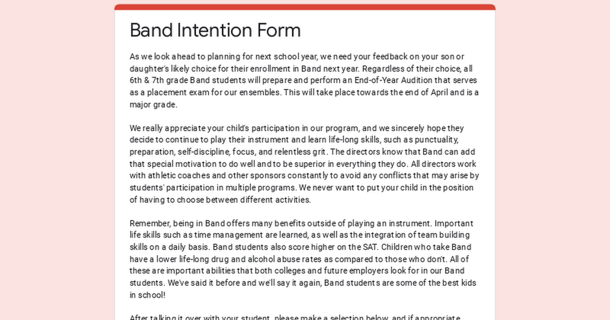 Band Intention Form