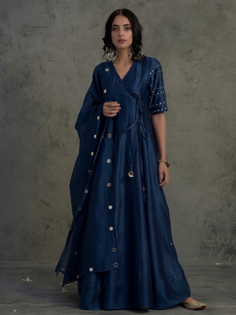 Blue Chanderi Mirora work Angarkha Kurta 