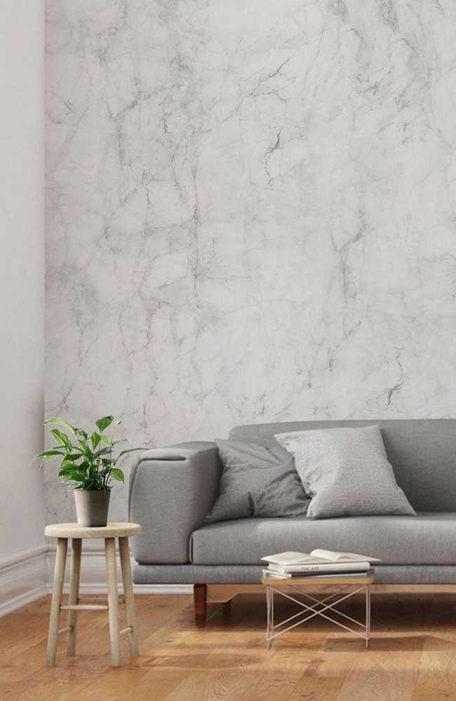 Sala de estar com marmorato cinza na parede, piso de madeira, sofá cinza e banquinho de madeira com vaso de planta.