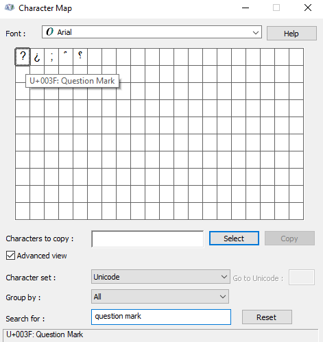 searching for question mark on Character map panel