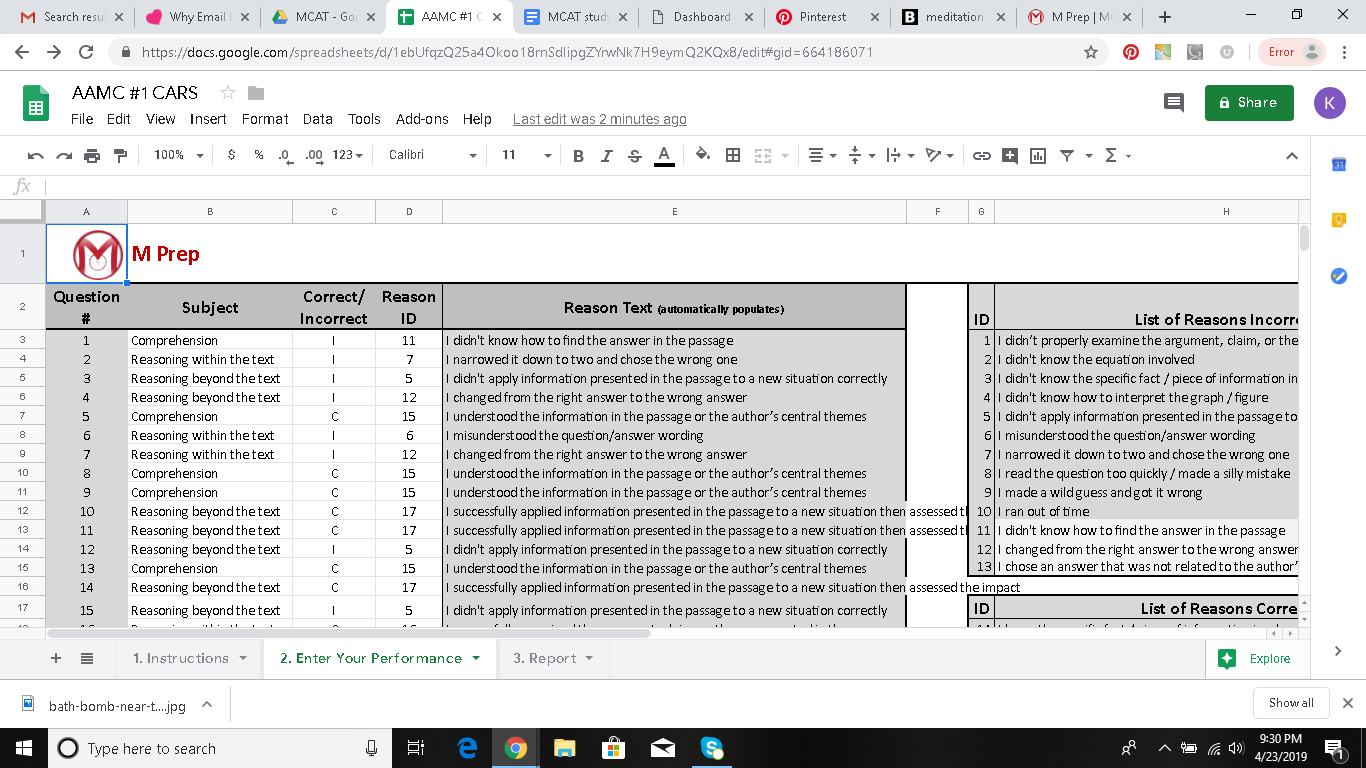 excel sheet with mcat topics and questions