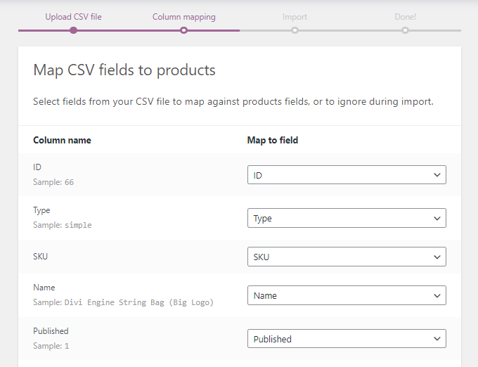 WooCommerce import - Column mapping