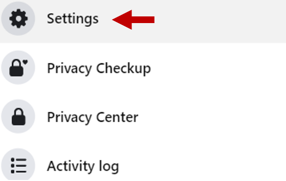 Screenshot of "settings" option in Facebook