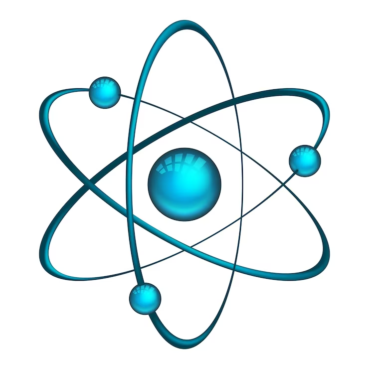 Illustration of an atom model with electrons and neutrons isolated for MCAT Physics section.