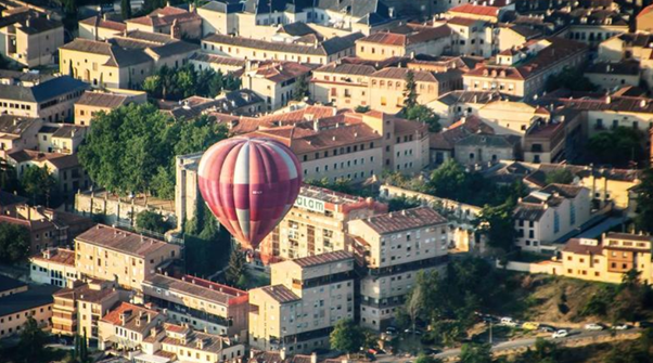Hot Air Balloon flying over Madrid.