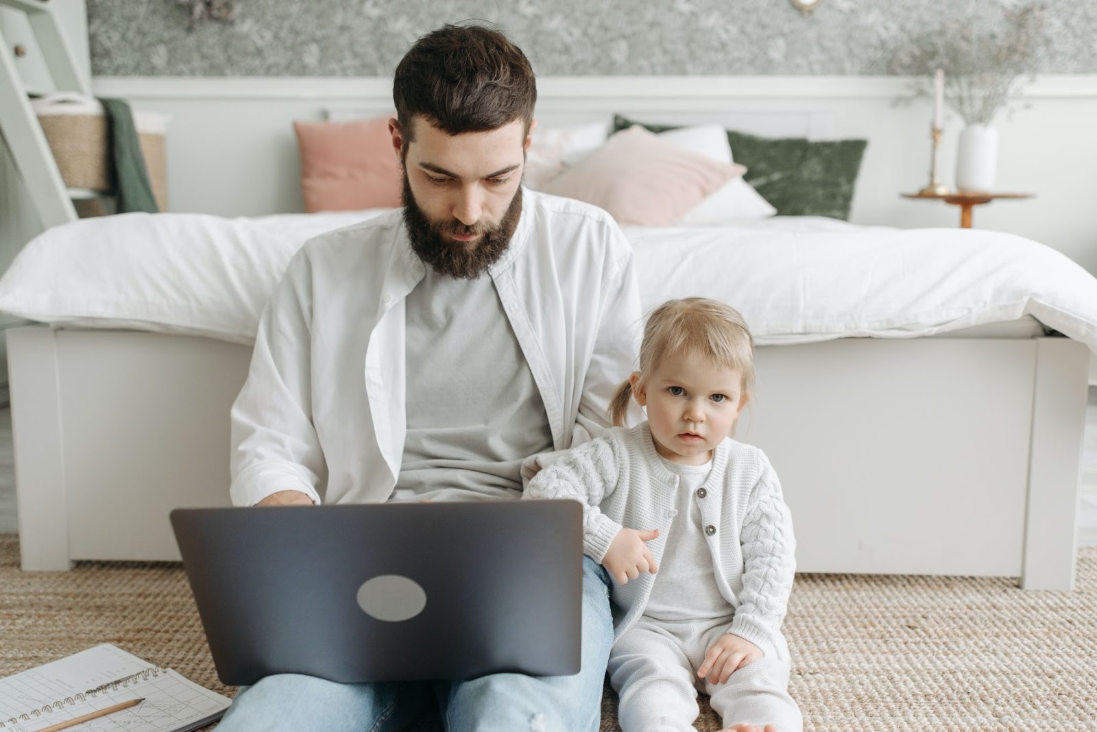 kid sitting with daddy on laptop, fatherhood, father, dad, daddy's girl, morning routine, habit