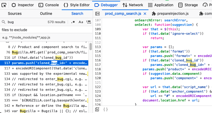 In the debugger, there's a side panel on the left side with three tabs, "Sources", "Outline" and "Search".
The "Search" tab is active and shows a search input, the number of results, modifier buttons and a filter for files to exclude.
Below, actual search results are shown with the matches being highlighted