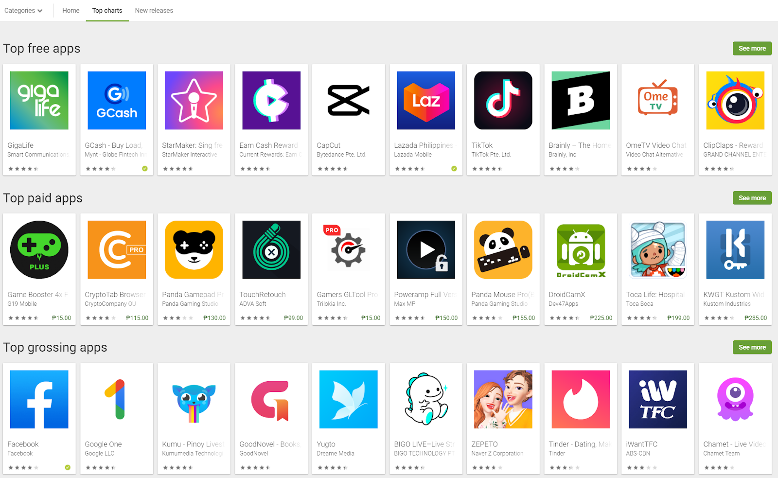 Top charts of Google Play Store.