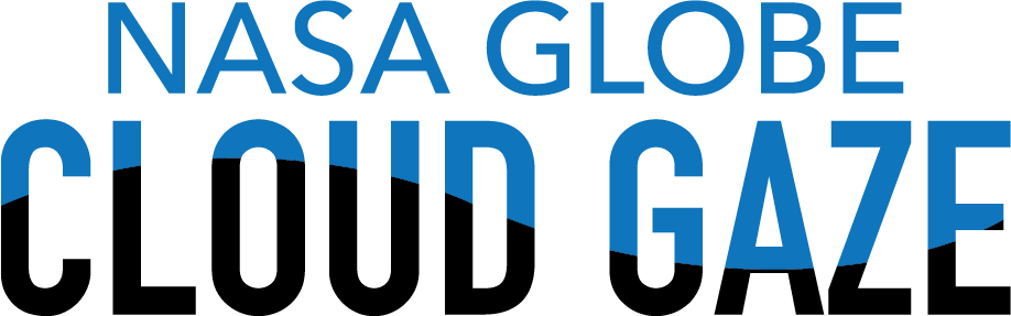 The NASA GLOBE CLOUD GAZE logo has the words NASA and GLOBE on the top in blue and below the words CLOUD GAZE with a black and blue wave coloring the words.