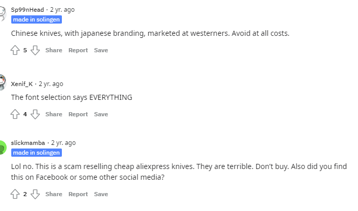 Reddit customers opinions on Wasabi Knives company