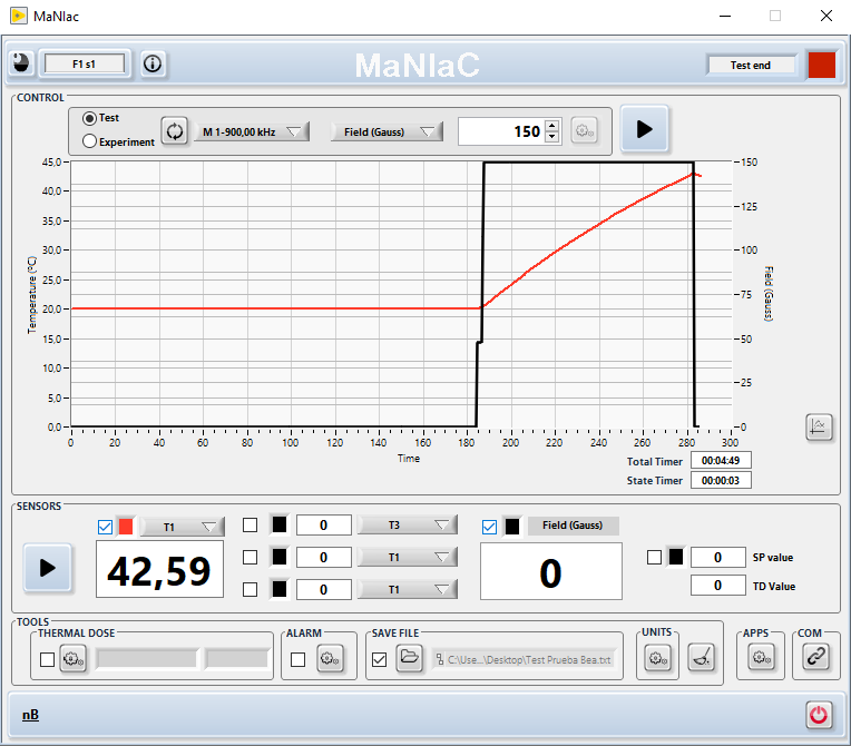 MaNIaC main window showing a single test.