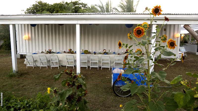 A table for twenty set at dusk under a barn roof, with sunflowers blooming in the foreground.