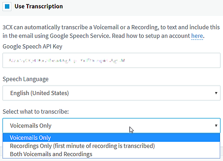 Enable voicemail transcription options in 3CX voicemail settings.