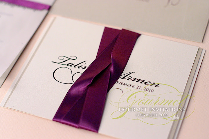 Wedding invitation inserts, wedding invitations with ribbon, purple and gold wedding invitations