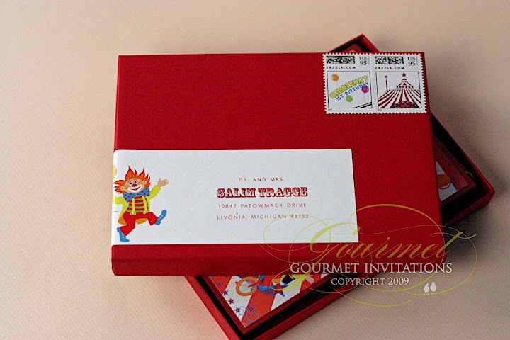 red box invitations, clown invitations, carnival invitations, circus invitations, kids birthdya party, 1st birthday party