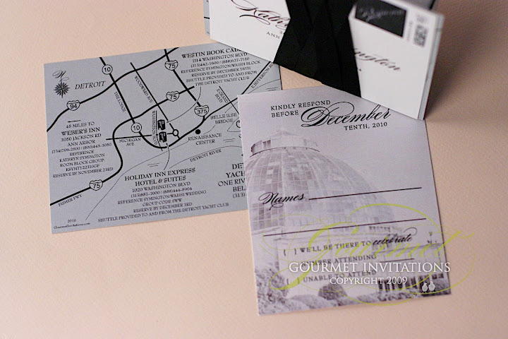 belle isle conservatory wedding invitations, detroit wedding invitations, custom wedding maps, wedding map detroit, rsvp postcard