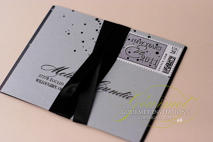 wedding inserts, wedding invitations with ribbon, black and silver invitations, new years eve theme wedding