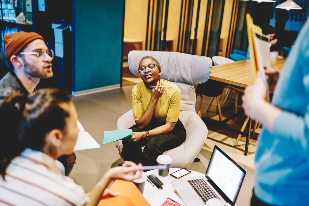 Treatment plan for mental health: group of employees brainstorming ideas